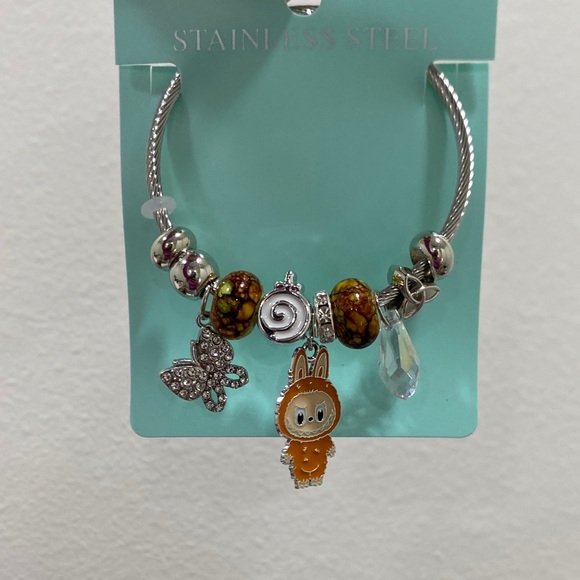 Charming Stainless Steel Bracelet Set with Blue and Orange Beads - Picture 2 of 3